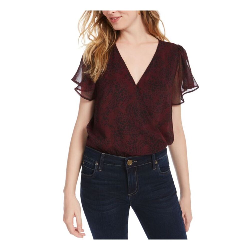 ASH & VIOLET Womens Maroon Snap Closure Printed V Neck Body Suit Size: XL